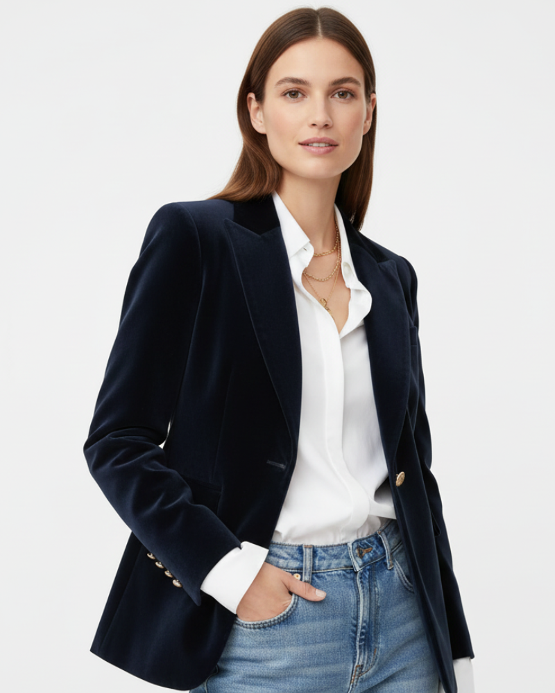 Camille Velvet Blazer for Women – Chic Green Jacket with Gold Buttons & Elegant Fit