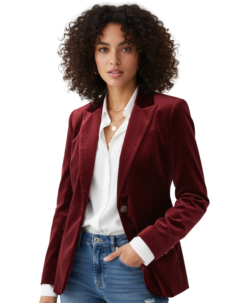 Camille Velvet Blazer for Women – Chic Green Jacket with Gold Buttons & Elegant Fit