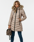 Naomi Women's Hooded Puffer Jacket – Chevron Quilting & Faux Fur Collar