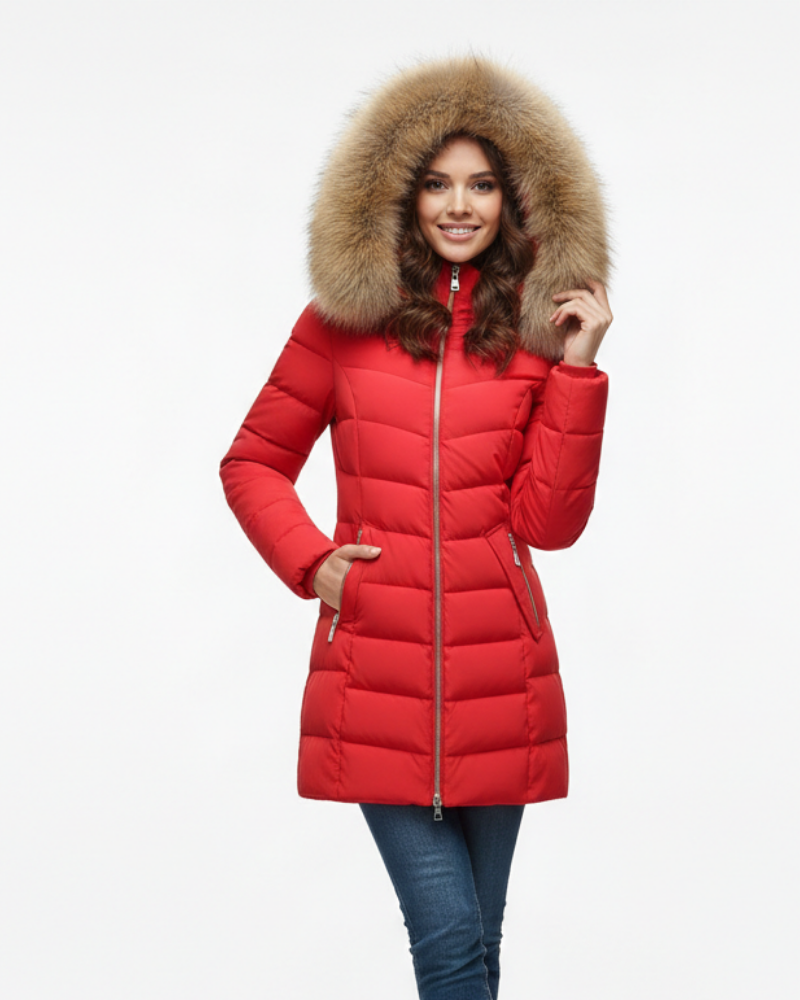 Naomi Women's Hooded Puffer Jacket – Chevron Quilting & Faux Fur Collar