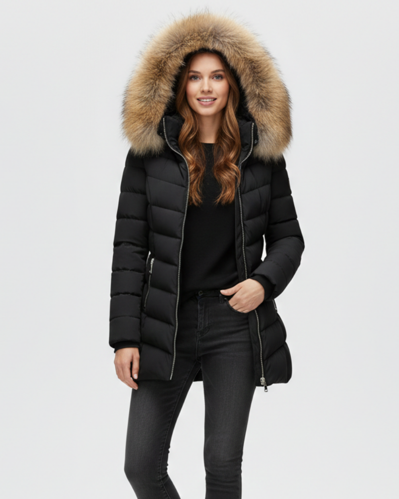 Naomi Women's Hooded Puffer Jacket – Chevron Quilting & Faux Fur Collar