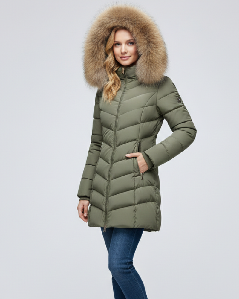 Naomi Women's Hooded Puffer Jacket – Chevron Quilting & Faux Fur Collar