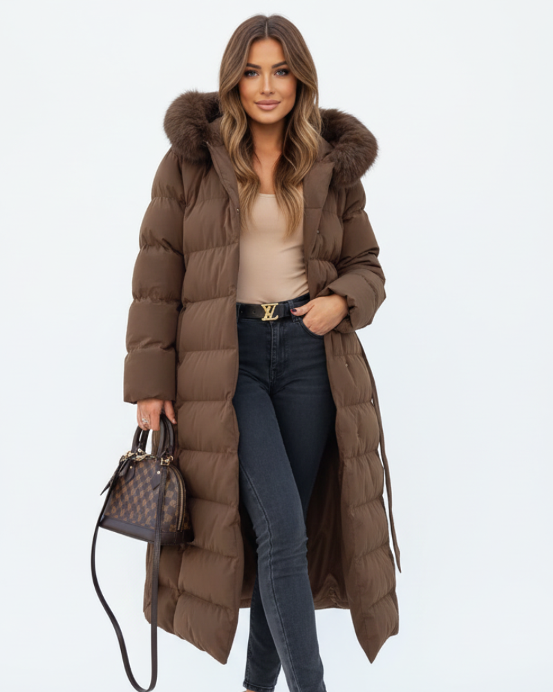 Sofia Long Coat for Women – Warm Water-Repellent Winter Jacket with Hood & Elegant Cut