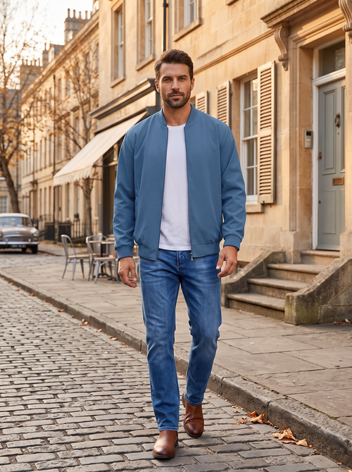 Adrian Men's Linen Bomber Jacket – Full Zip, Ribbed Trims & Side Pockets