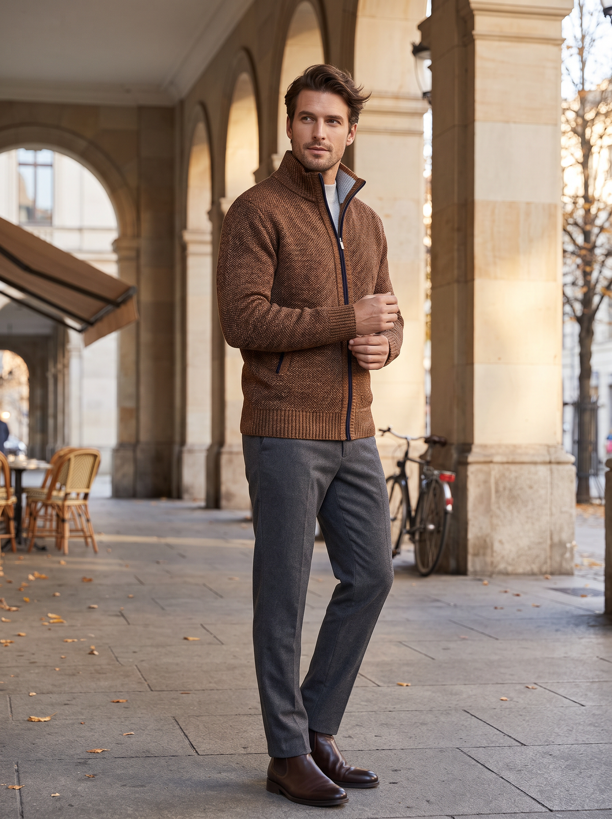 Peter Men's Knit Jacket – Plaid Fleece Lined, Stand Collar & Zip Front