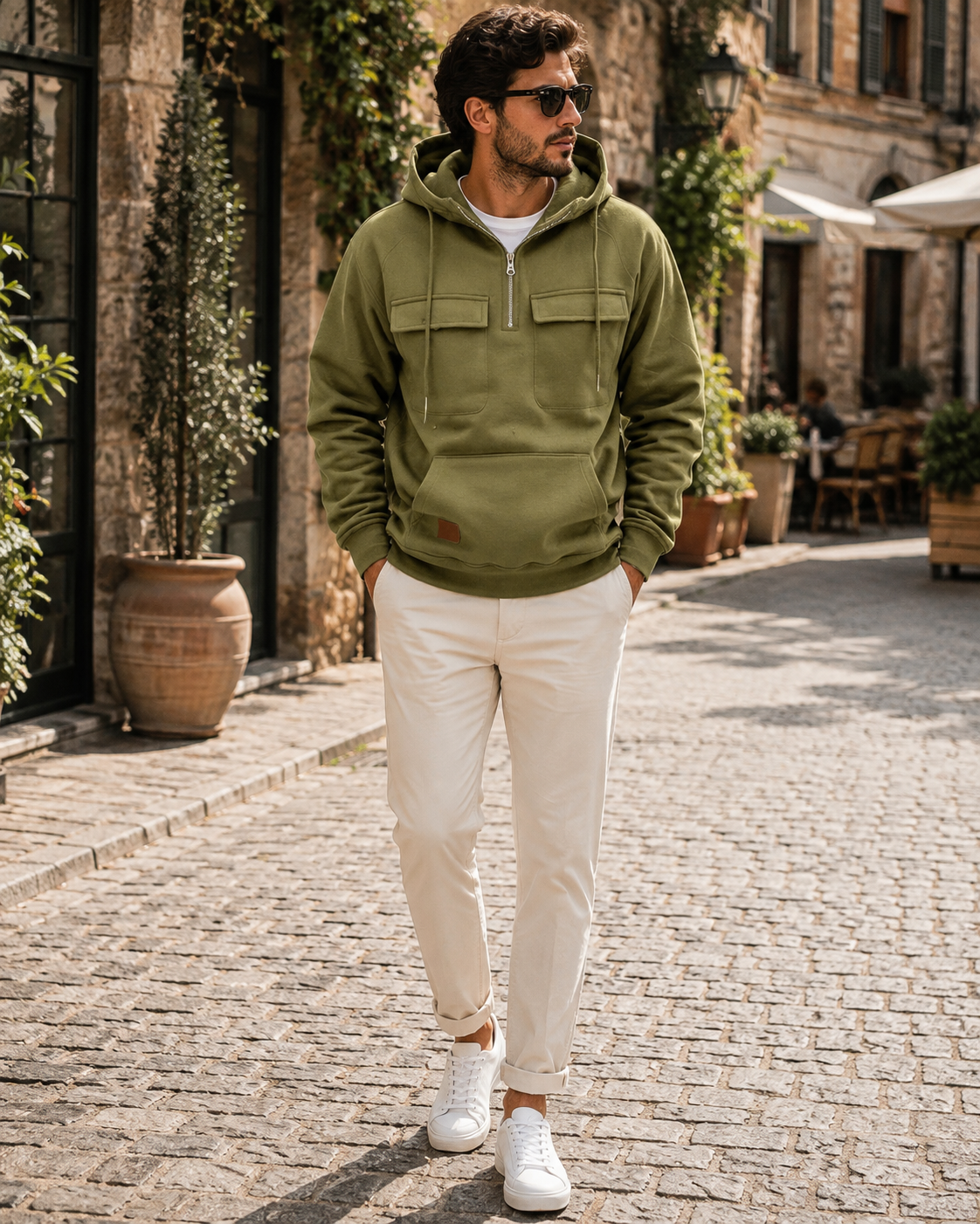 Caleb Men's Utility Hoodie – Heavyweight Sueded Fleece with Cargo Pockets & Half-Zip