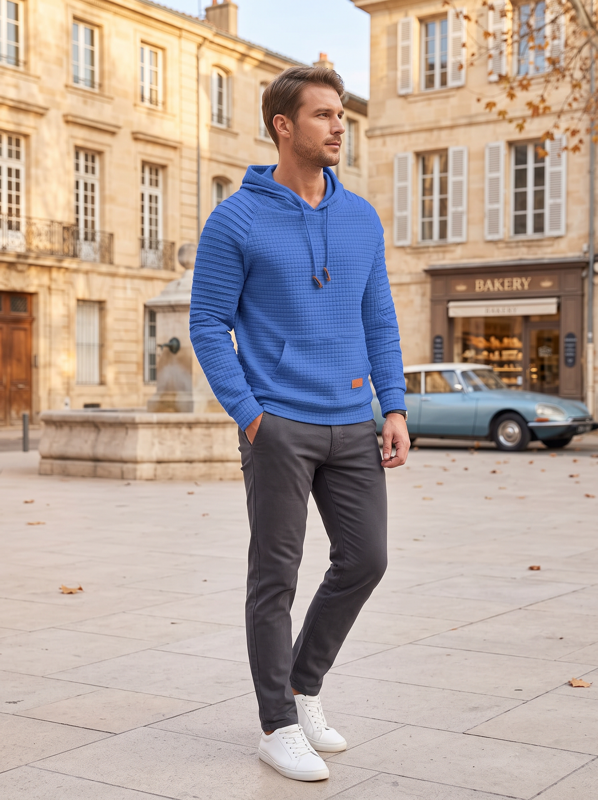 Anthony Men's Waffle Knit Hoodie – Drawstring Hood, Long Sleeves & Kangaroo Pocket
