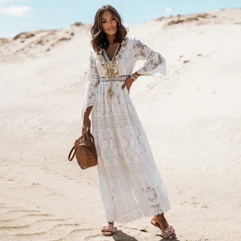 Celeste Women's Dress – Long Sleeves, Flowing Silhouette & Artsy Boho Accents