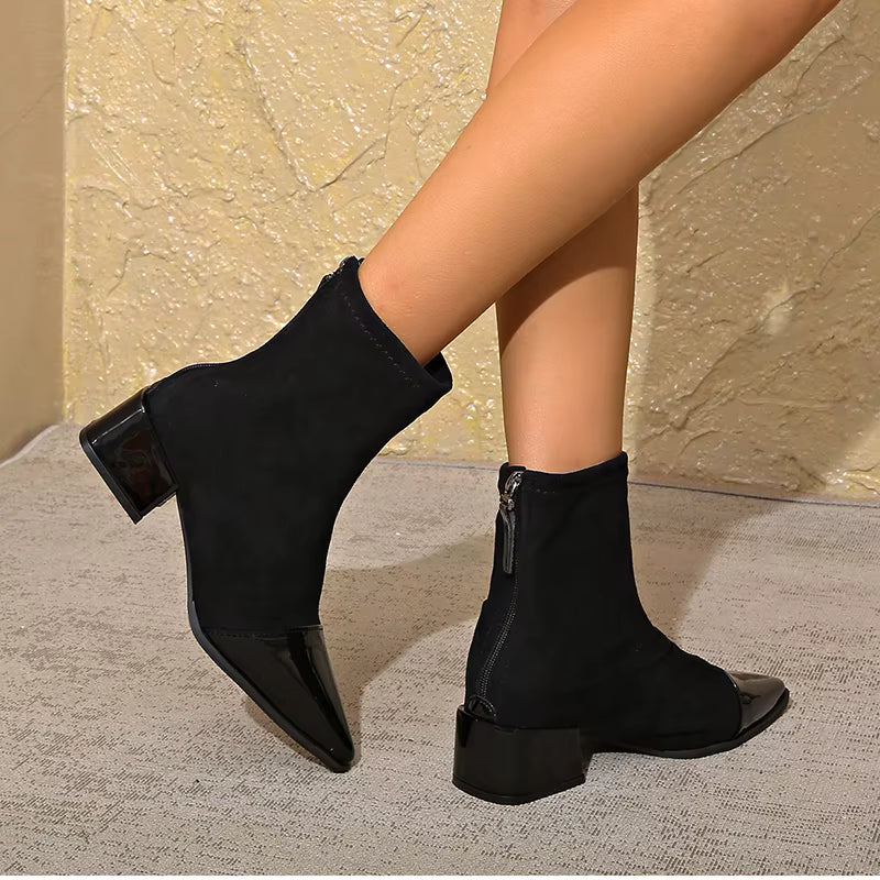 Marielle Ankle Boots for Women – Refined Suede Boots with Patent Accents & Comfy Block Heel
