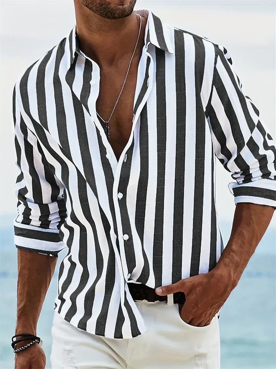 Elliot Men's Summer Shirt – Light Blue Striped Cotton-Linen Blend with Relaxed Fit
