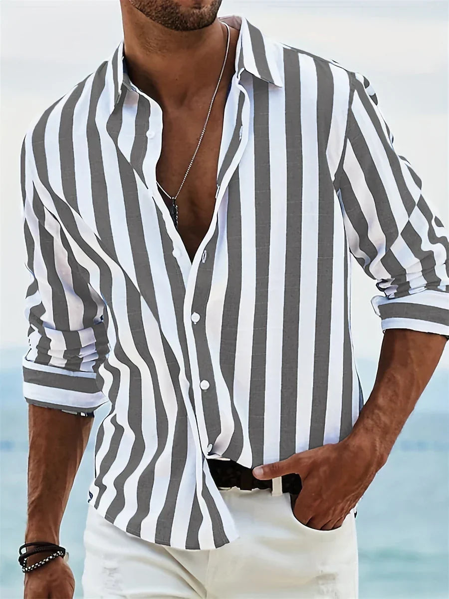 Elliot Men's Summer Shirt – Light Blue Striped Cotton-Linen Blend with Relaxed Fit