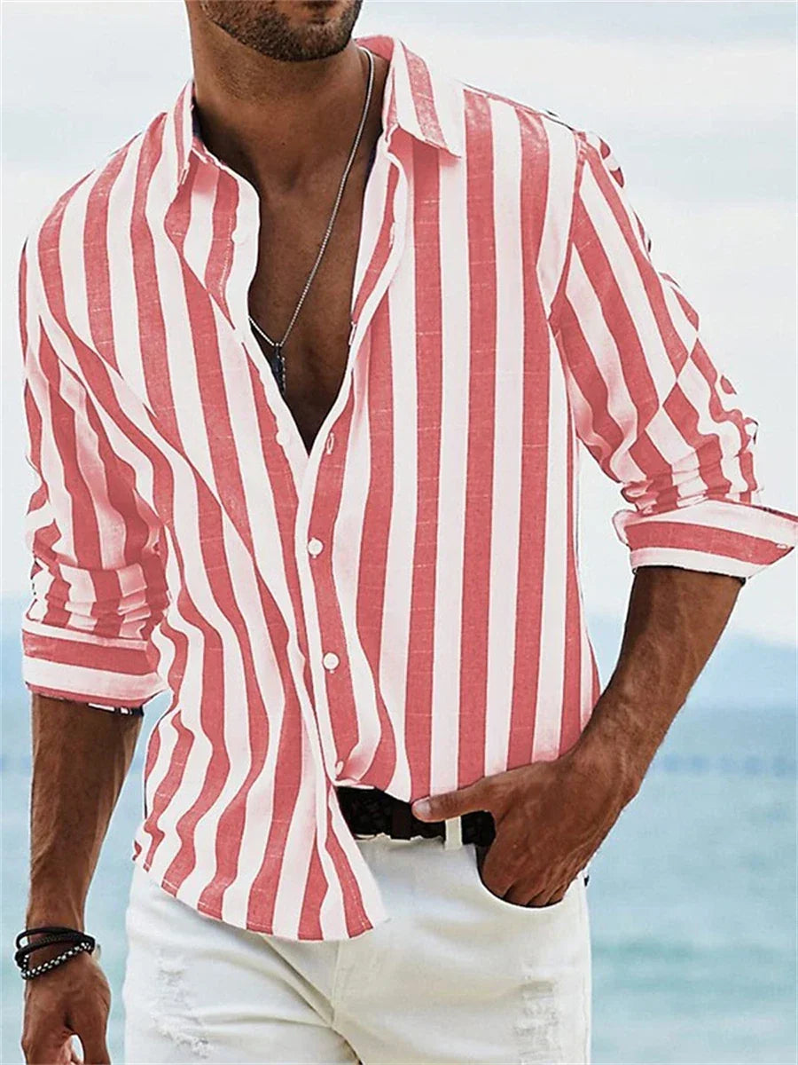 Elliot Men's Summer Shirt – Light Blue Striped Cotton-Linen Blend with Relaxed Fit