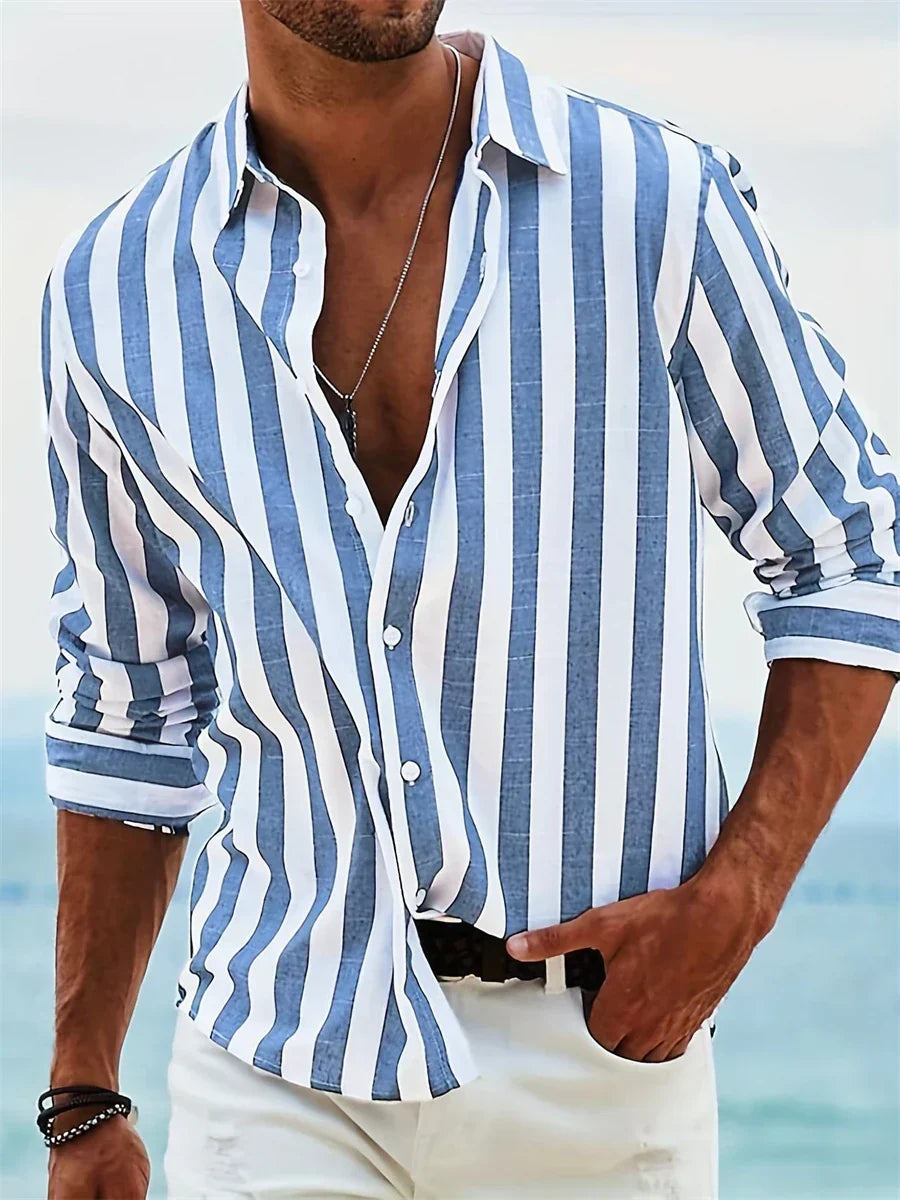 Elliot Men's Summer Shirt – Light Blue Striped Cotton-Linen Blend with Relaxed Fit
