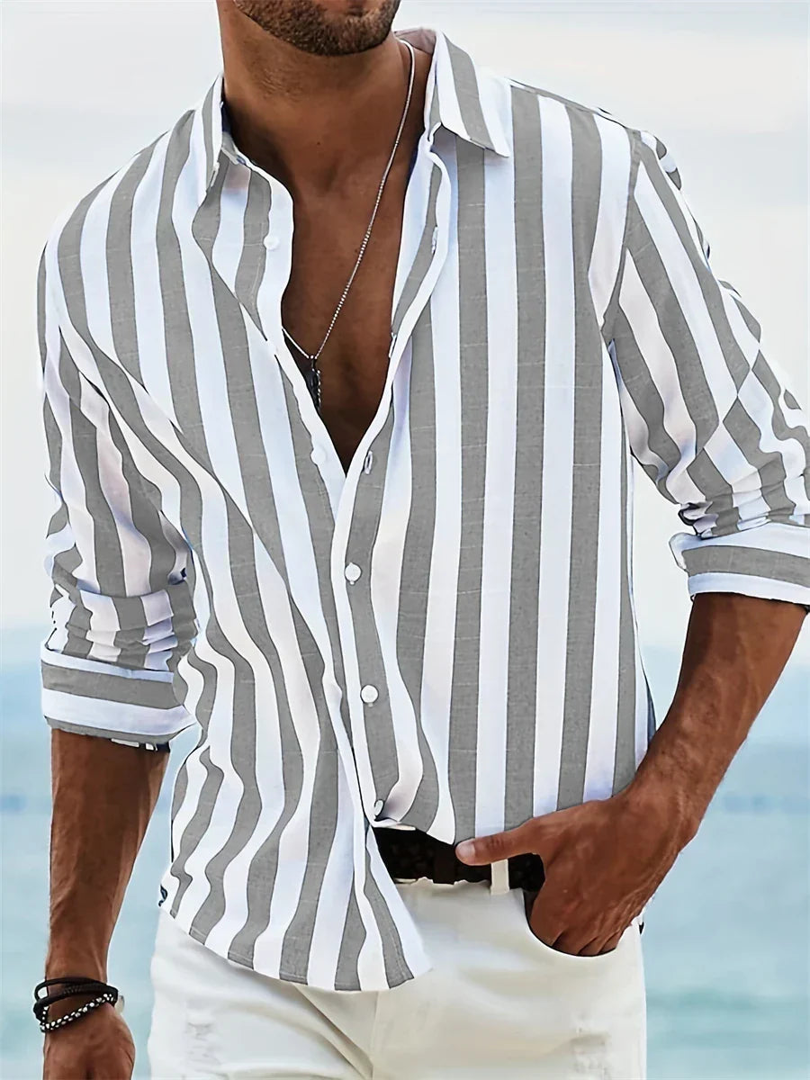 Elliot Men's Summer Shirt – Light Blue Striped Cotton-Linen Blend with Relaxed Fit