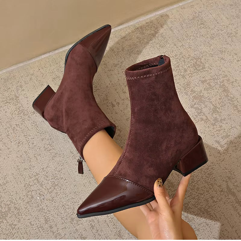 Marielle Ankle Boots for Women – Refined Suede Boots with Patent Accents & Comfy Block Heel