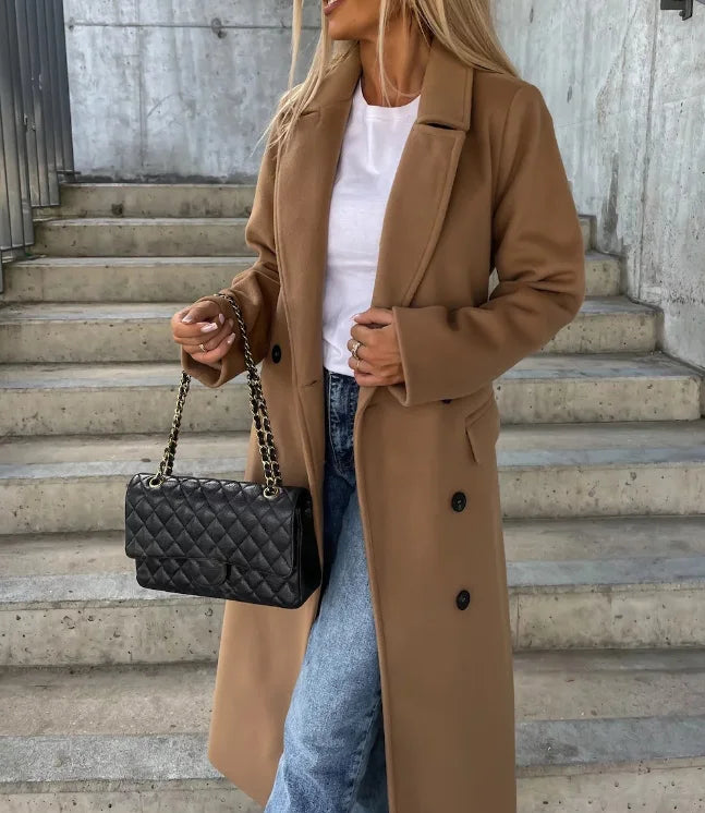 Adeline Women's Wool Coat – Long Double-Breasted Coat with Structured Cut & Elegant Style