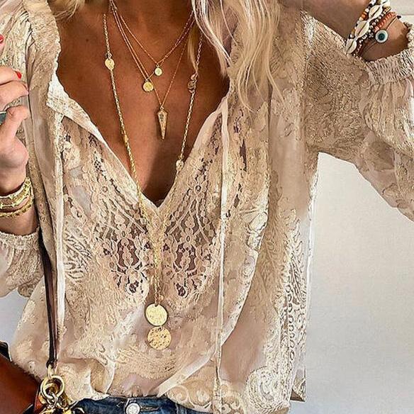 Rosalind Women's Blouse – Elegant Lace Blouse with Bow & Sheer Details