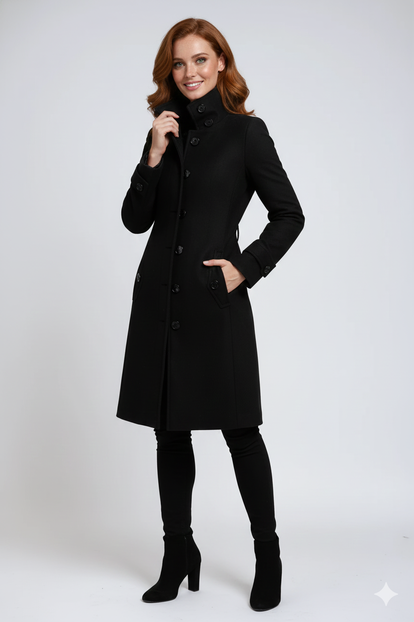 Eleanor Women's Trench Coat – Winter Coat with Tall Collar & Sleek Tailored Fit