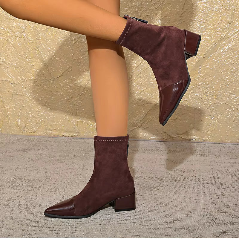 Marielle Ankle Boots for Women – Refined Suede Boots with Patent Accents & Comfy Block Heel