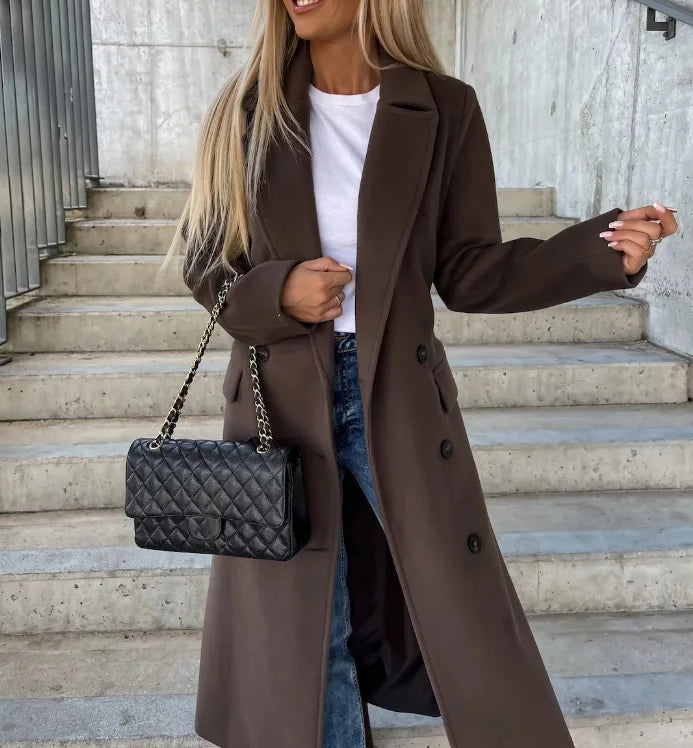 Adeline Women's Wool Coat – Long Double-Breasted Coat with Structured Cut & Elegant Style