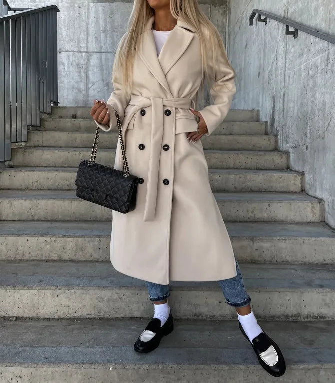 Adeline Women's Wool Coat – Long Double-Breasted Coat with Structured Cut & Elegant Style