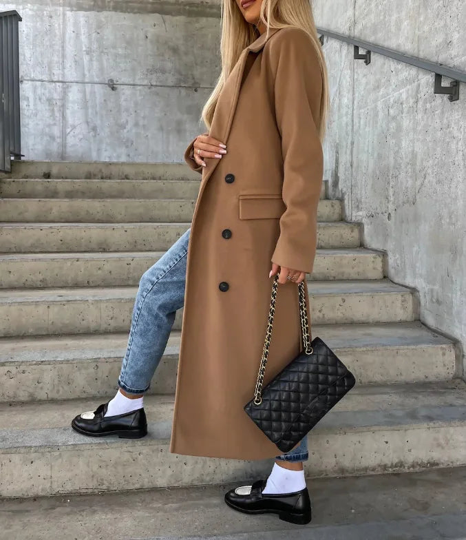 Adeline Women's Wool Coat – Long Double-Breasted Coat with Structured Cut & Elegant Style
