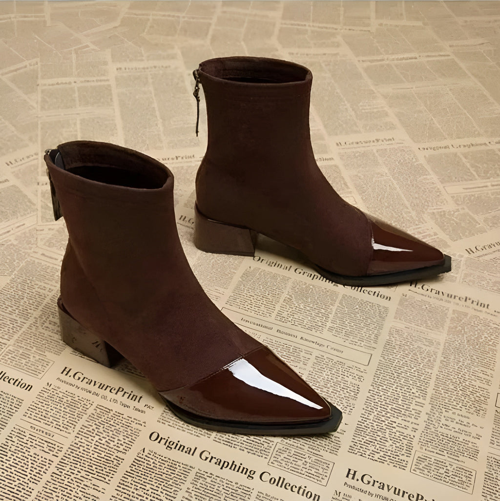 Marielle Ankle Boots for Women – Refined Suede Boots with Patent Accents & Comfy Block Heel
