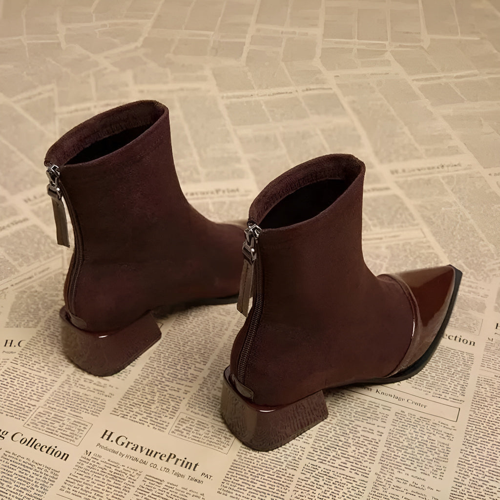 Marielle Ankle Boots for Women – Refined Suede Boots with Patent Accents & Comfy Block Heel