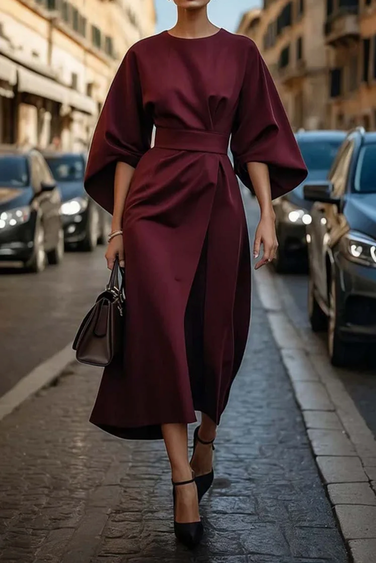 Adeline Women's Elegant Dress – Feminine Design with Lantern Sleeves and Adjustable Fitted Waist