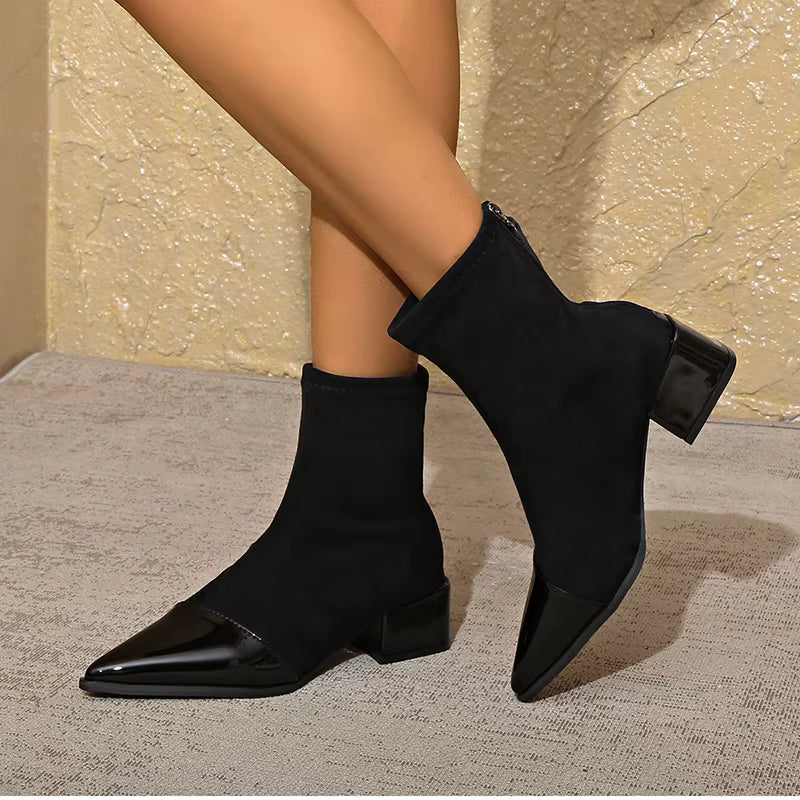 Marielle Ankle Boots for Women – Refined Suede Boots with Patent Accents & Comfy Block Heel