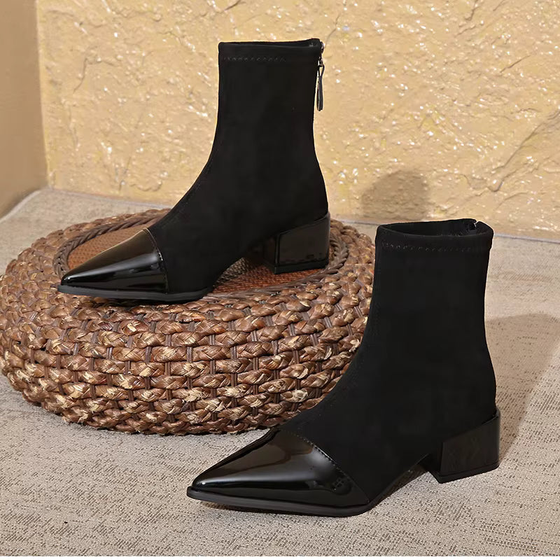 Marielle Ankle Boots for Women – Refined Suede Boots with Patent Accents & Comfy Block Heel