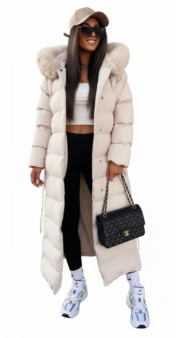 Camille Women's Long Winter Coat – Elegant Puffer Coat with Faux Fur Collar and Belt