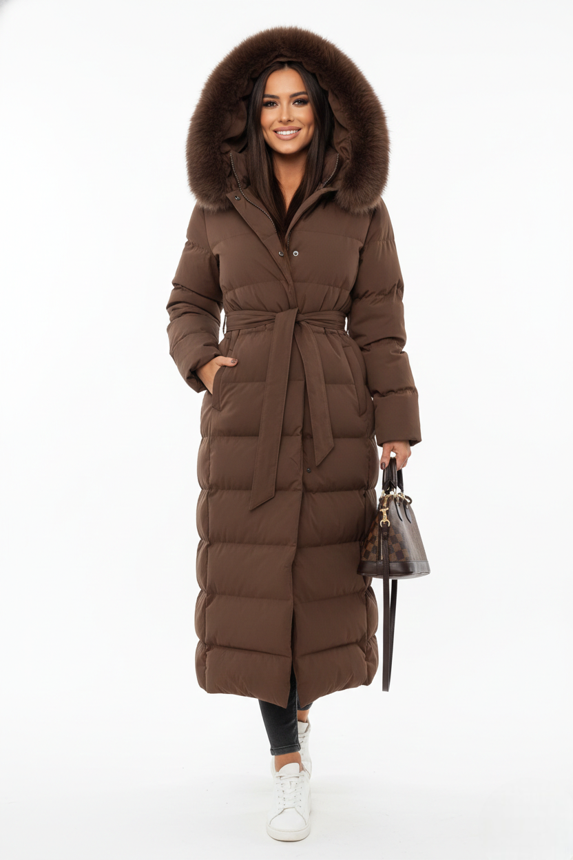 Camille Women's Long Winter Coat – Elegant Puffer Coat with Faux Fur Collar and Belt