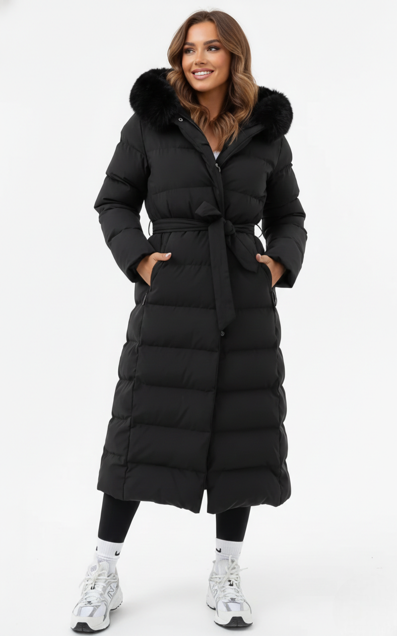 Camille Women's Long Winter Coat – Elegant Puffer Coat with Faux Fur Collar and Belt