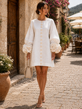 Daphne Women's Mini Dress – A-Line Fit, 3/4 Sleeves & Floral Cuff Details