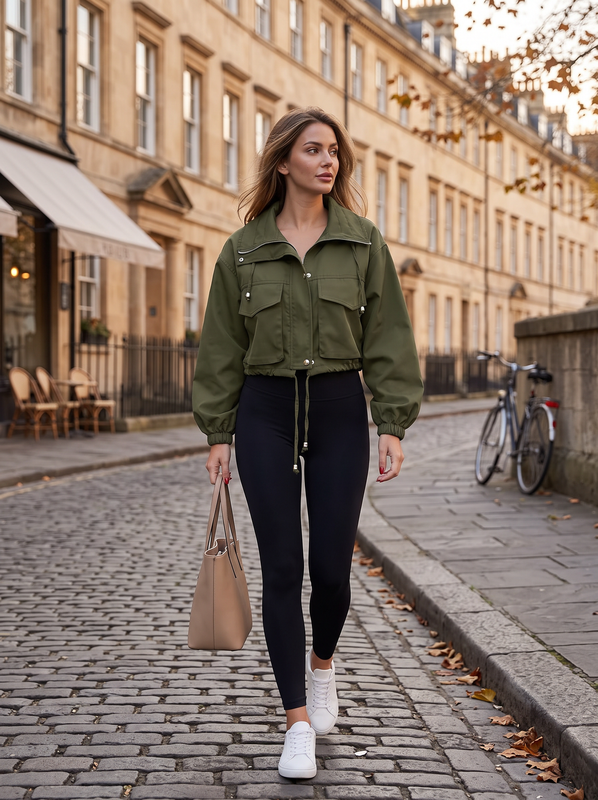 Elise Women's Cropped Jacket – Drawstring Waist, Zip & Snap Front, Flap Pockets
