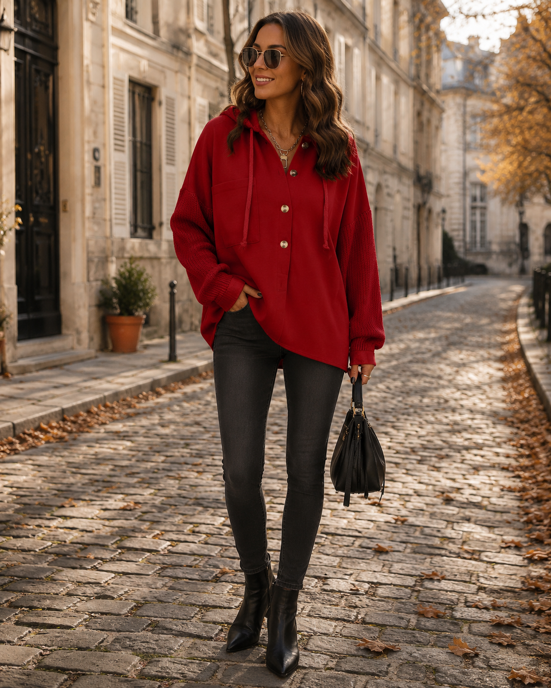 Melissa Women's Oversized Hooded Jacket – Button Front, Knit Sleeves & Chest Pocket