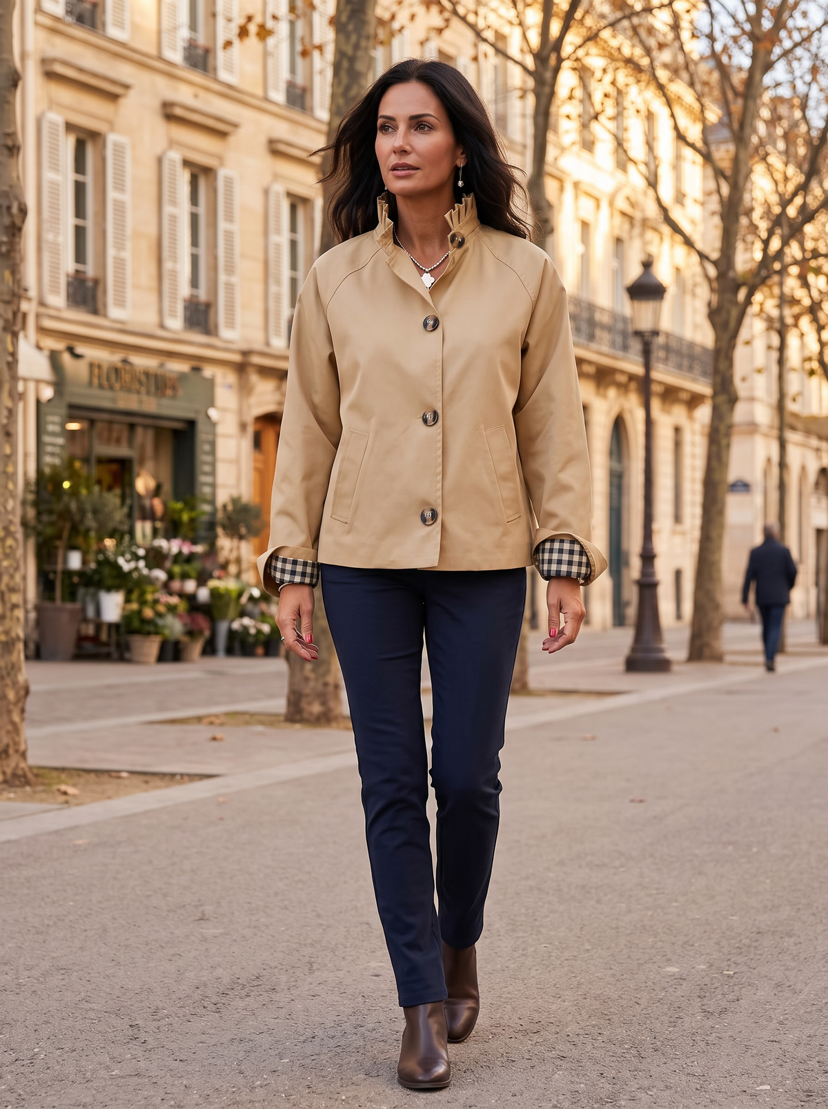 Catherine Women's Cropped Trench Jacket – Ruffle Collar, Plaid Cuffs & Button Front