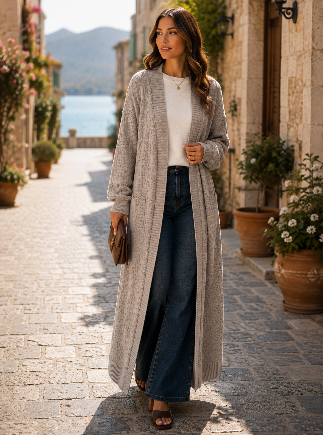 Bethany Women's Long Knitted Cardigan – Soft Textured Knit & Open-Front Design