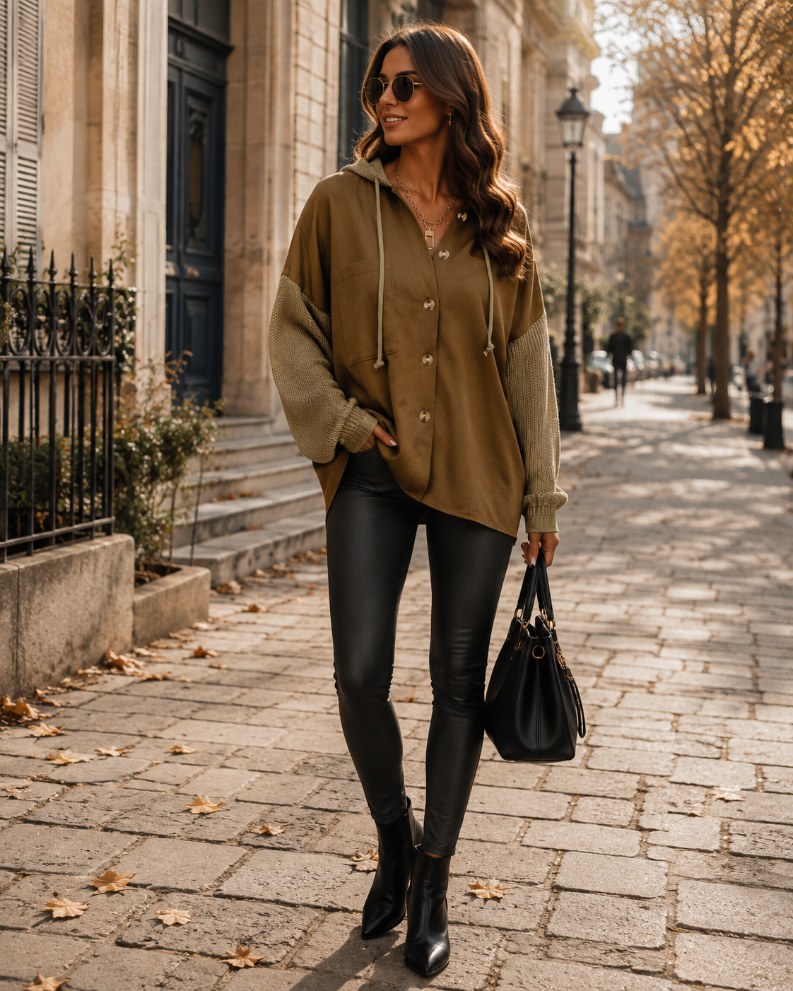 Melissa Women's Oversized Hooded Jacket – Button Front, Knit Sleeves & Chest Pocket