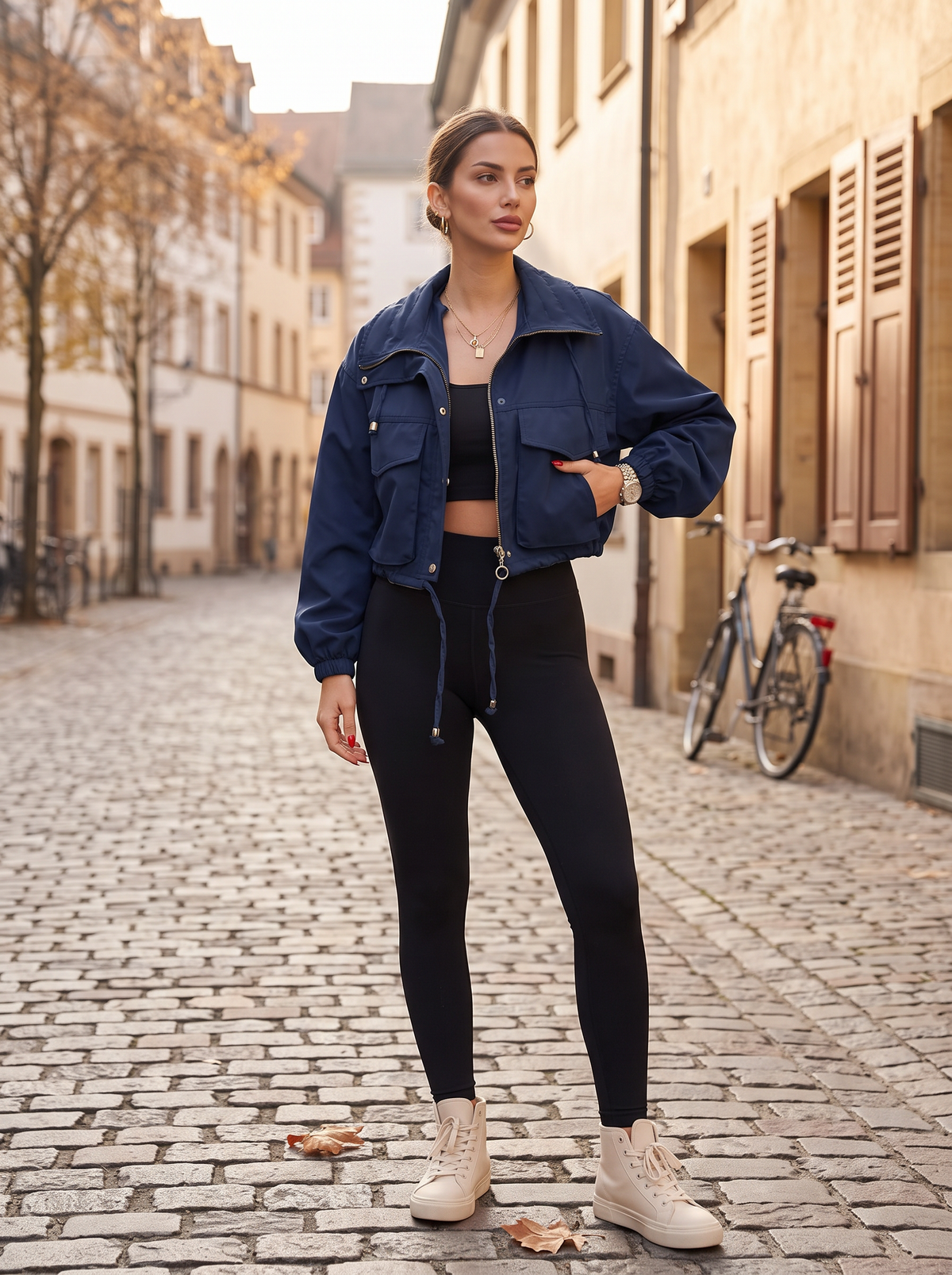 Elise Women's Cropped Jacket – Drawstring Waist, Zip & Snap Front, Flap Pockets