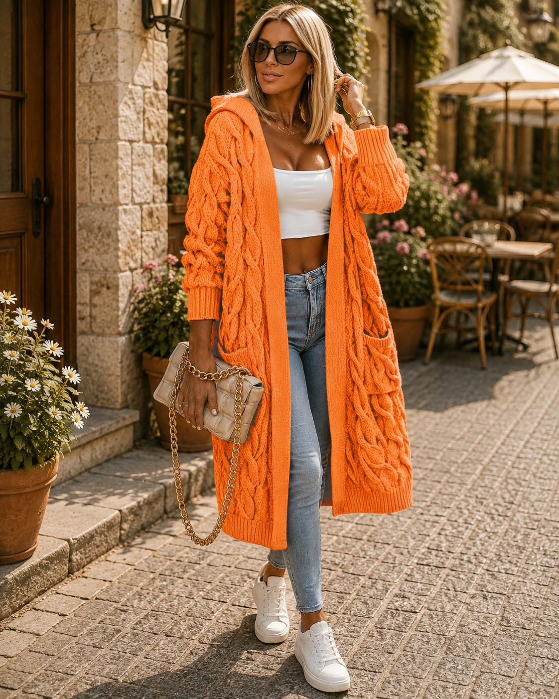 Ruby Women's Long Hooded Cardigan – Cable Knit, Side Pockets & Oversized Fit