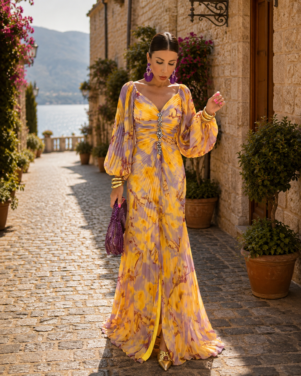 Camille Women's Floral Maxi Dress – Deep V-Neck, Side Slit & Flowy Fit