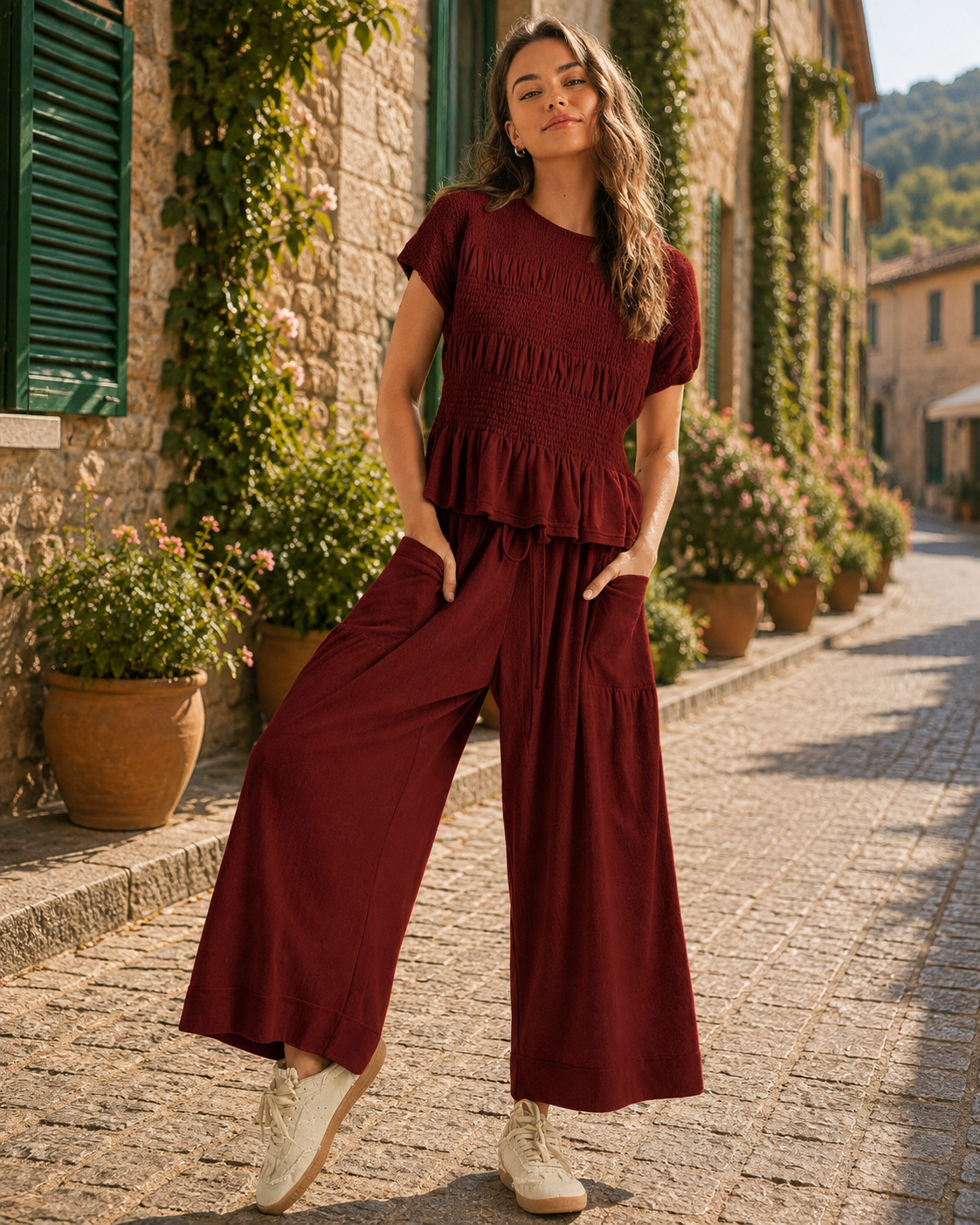 Ariana Women's Two-Piece Set – Smocked Top, Wide-Leg Trousers & Side Pockets