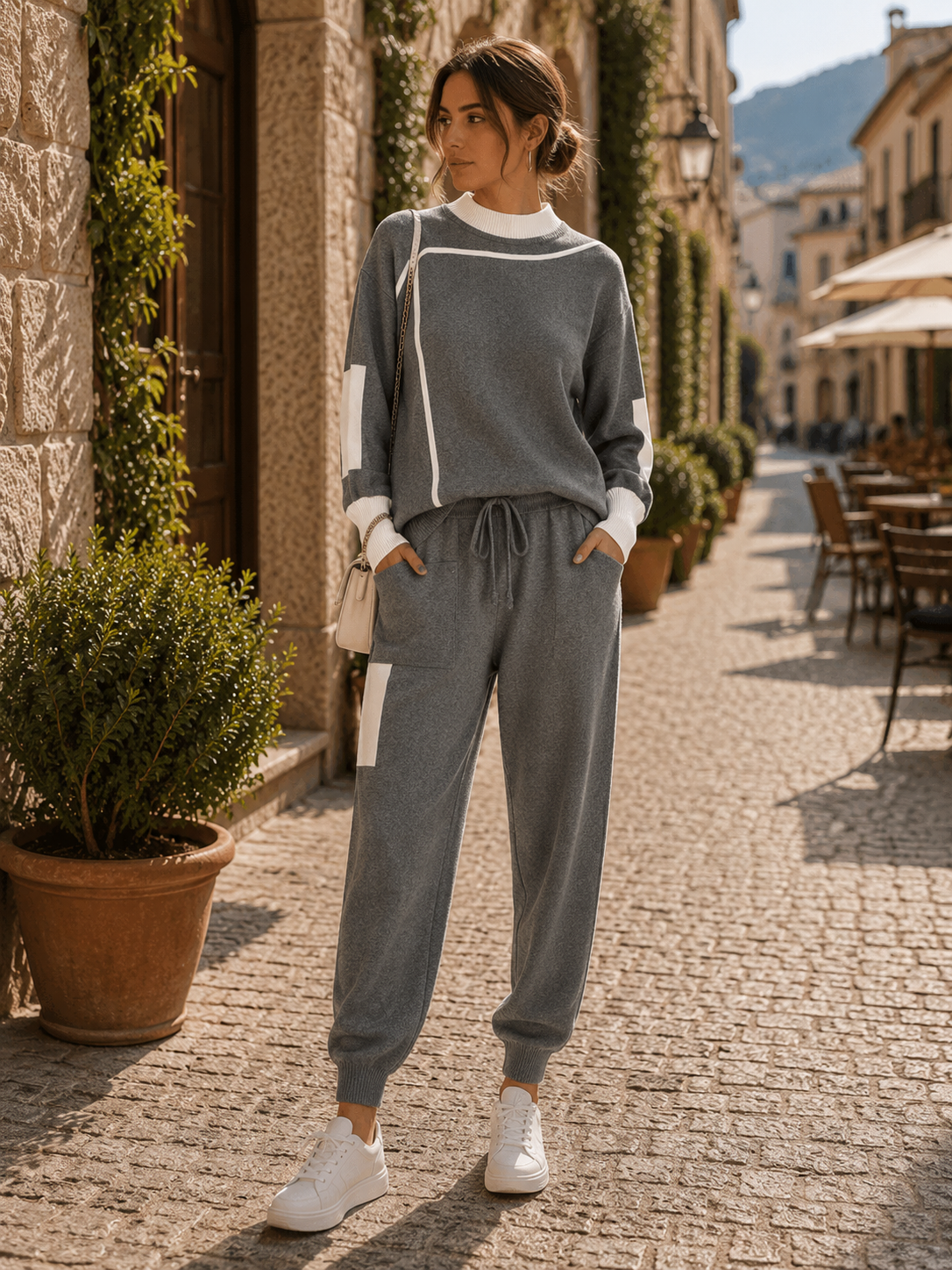 Cora Women's Knit Set – Patchwork Sweater, Matching Trousers & Relaxed Fit