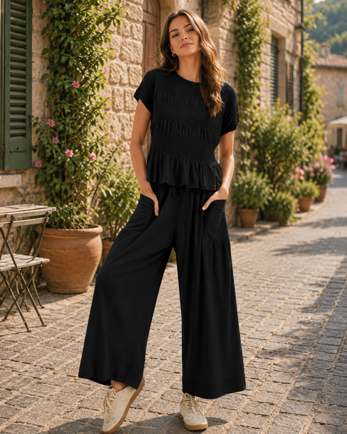 Ariana Women's Two-Piece Set – Smocked Top, Wide-Leg Trousers & Side Pockets