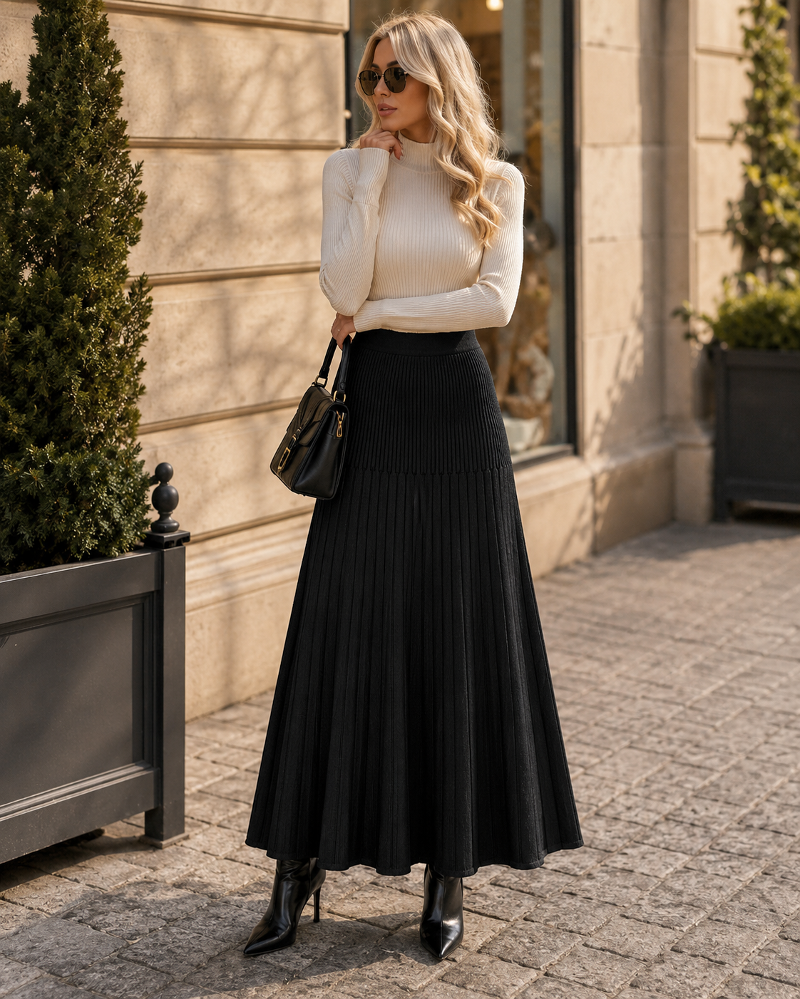 Valerie Women's Pleated Knit Skirt – High Waist, Fishtail Hem & Elastic Fit