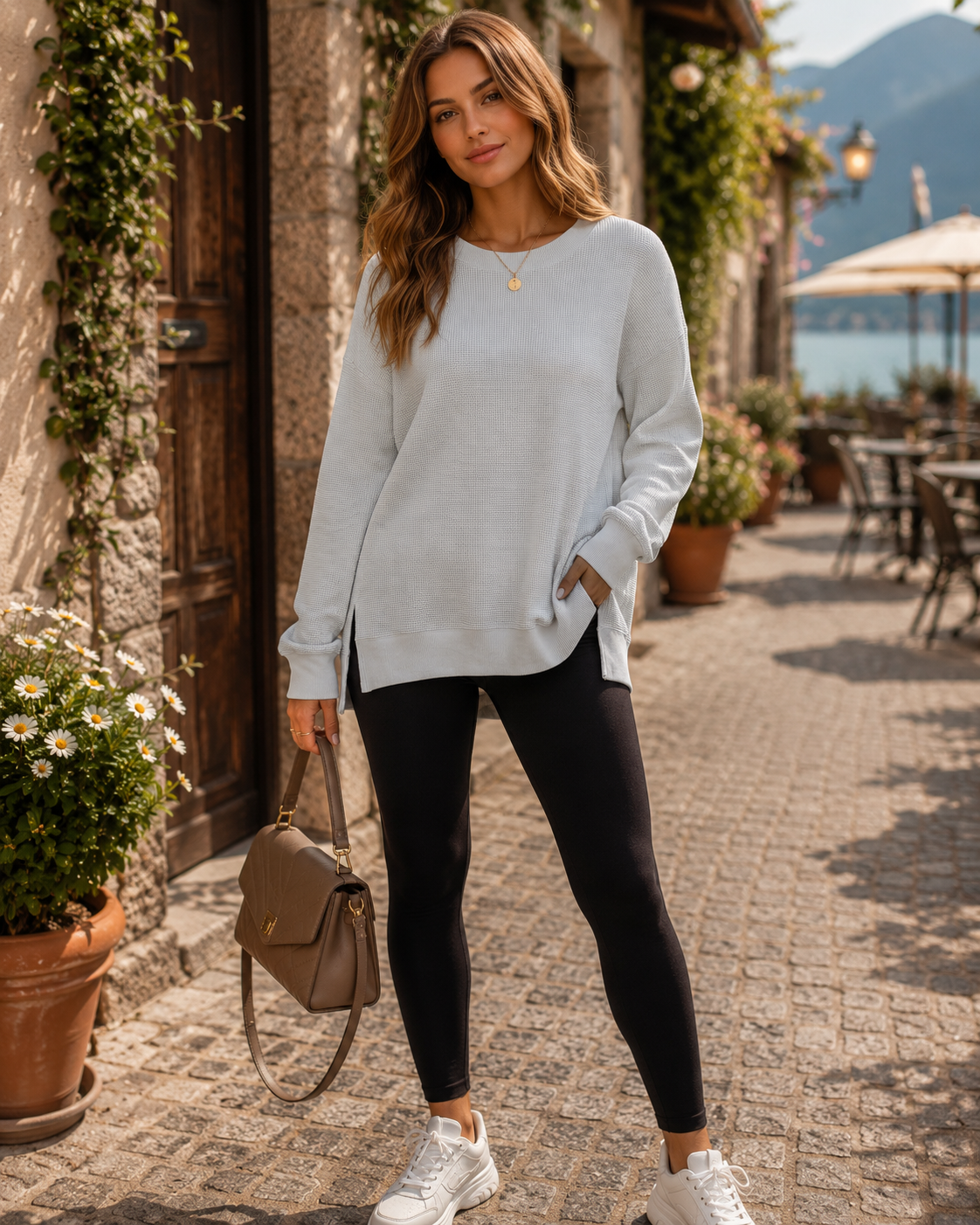 Delilah Women's Waffle Knit Sweatshirt – Crew Neck, Side Slits & Oversized Fit