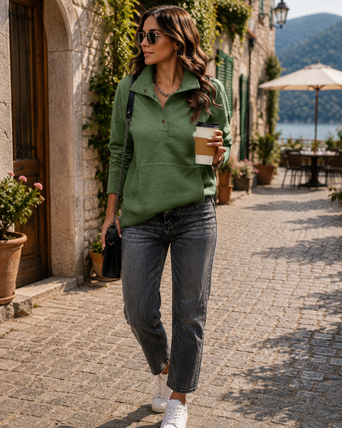 Sophie Women's Henley Sweatshirt – V-Neck, Ribbed Texture & Relaxed Fit