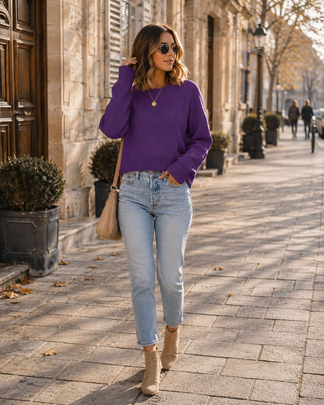 Michelle Women's Cropped Knit Sweater – Crew Neck, Long Sleeves & Ribbed Trims